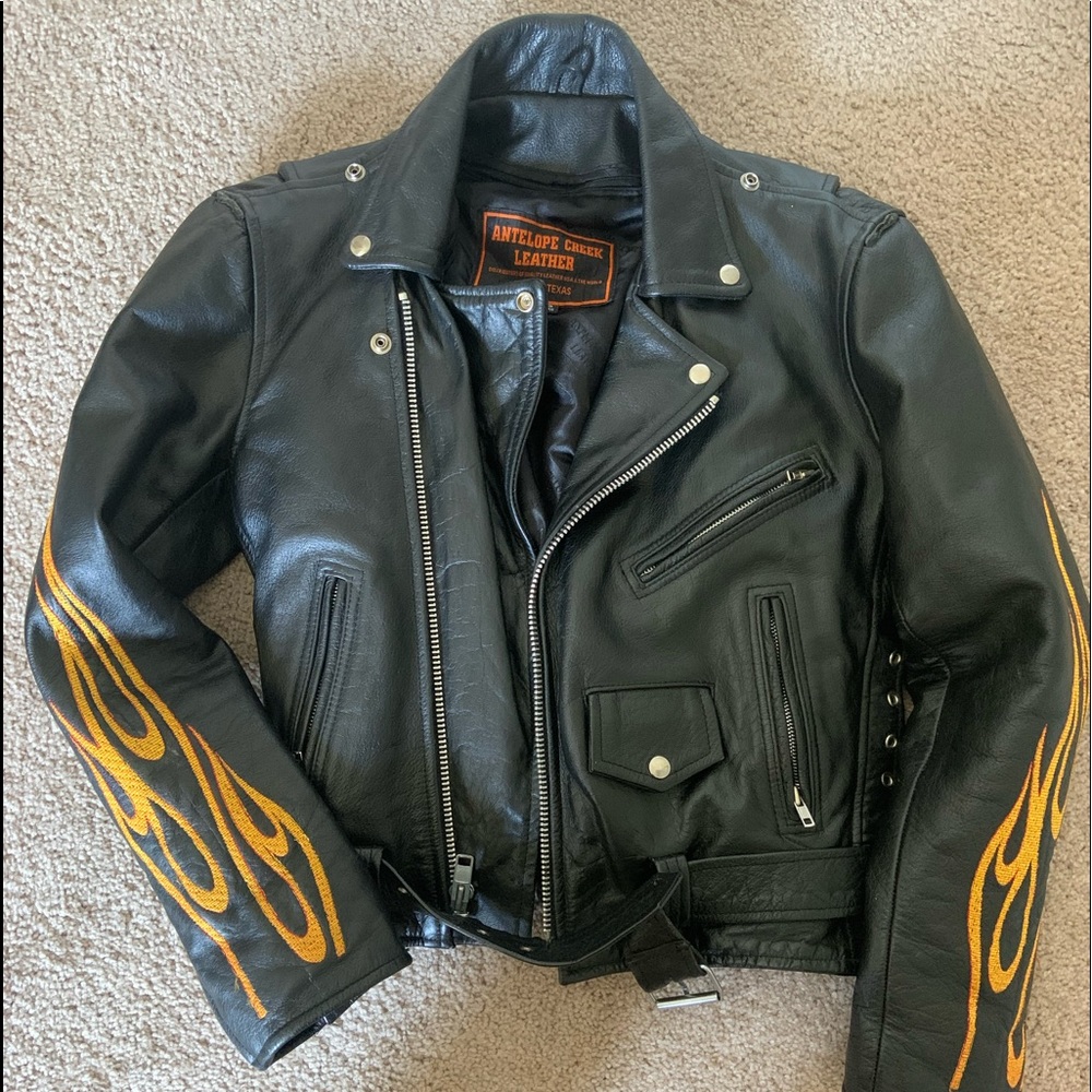 Christmas Discount 🎄Flames black leather motorcycle lined jacket